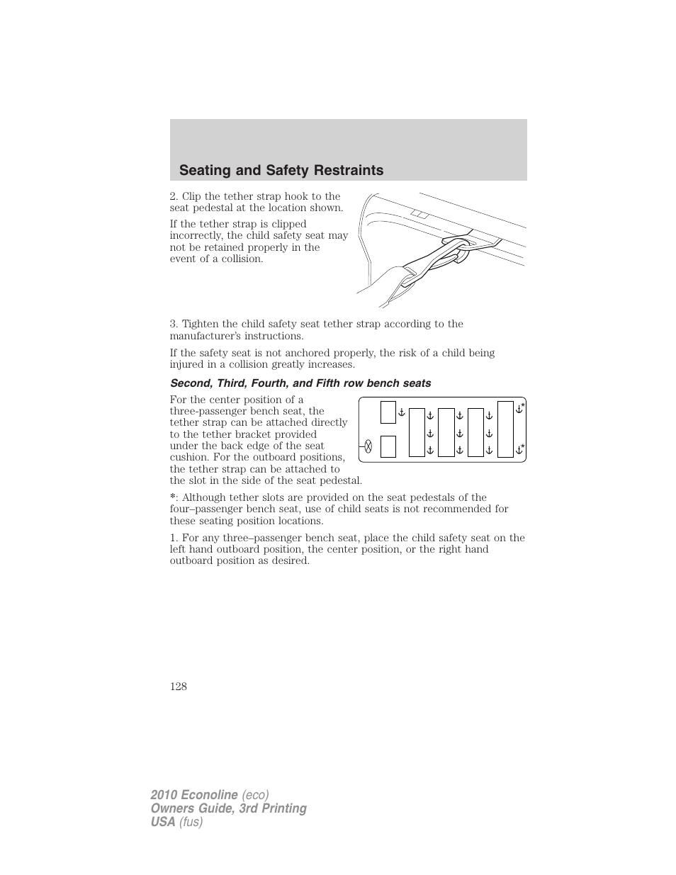 Second, third, fourth, and fifth row bench seats, Seating and safety restraints | FORD 2010 E-450 v.3 User Manual | Page 128 / 327