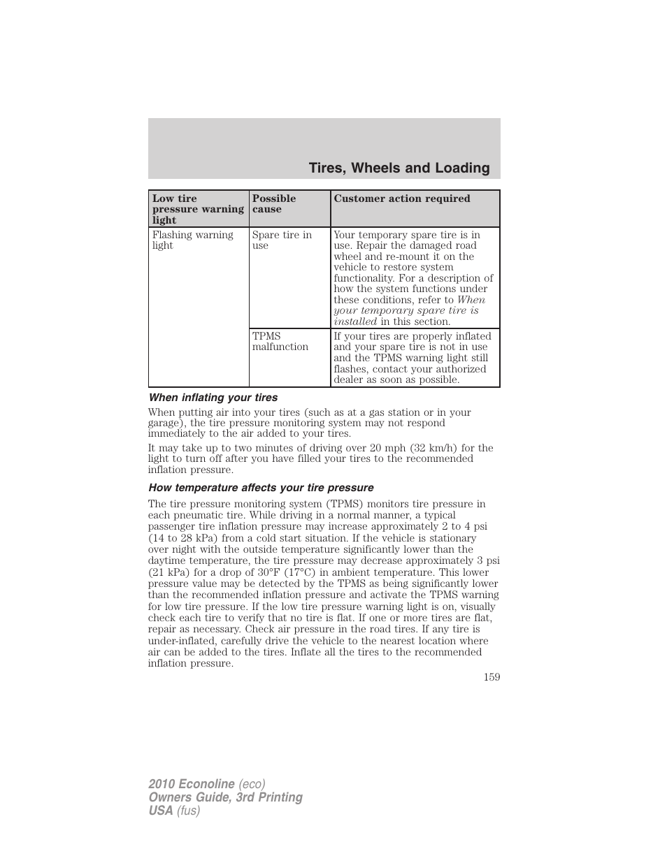 When inflating your tires, How temperature affects your tire pressure, Tires, wheels and loading | FORD 2010 E-450 v.3 User Manual | Page 159 / 327