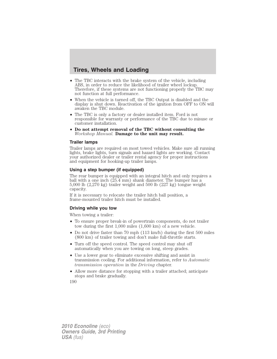 Trailer lamps, Using a step bumper (if equipped), Driving while you tow | Tires, wheels and loading | FORD 2010 E-450 v.3 User Manual | Page 190 / 327