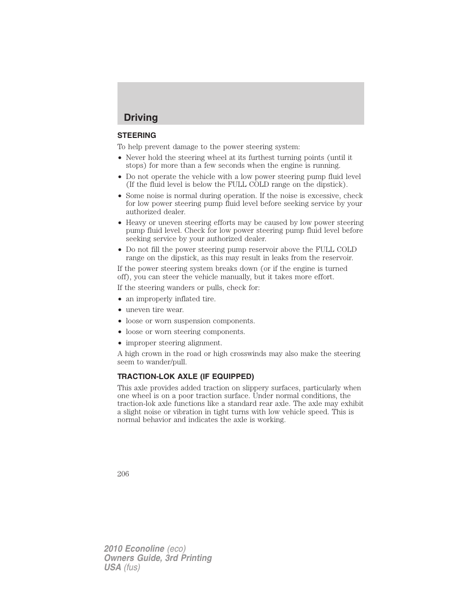 Steering, Traction-lok axle (if equipped), Driving | FORD 2010 E-450 v.3 User Manual | Page 206 / 327
