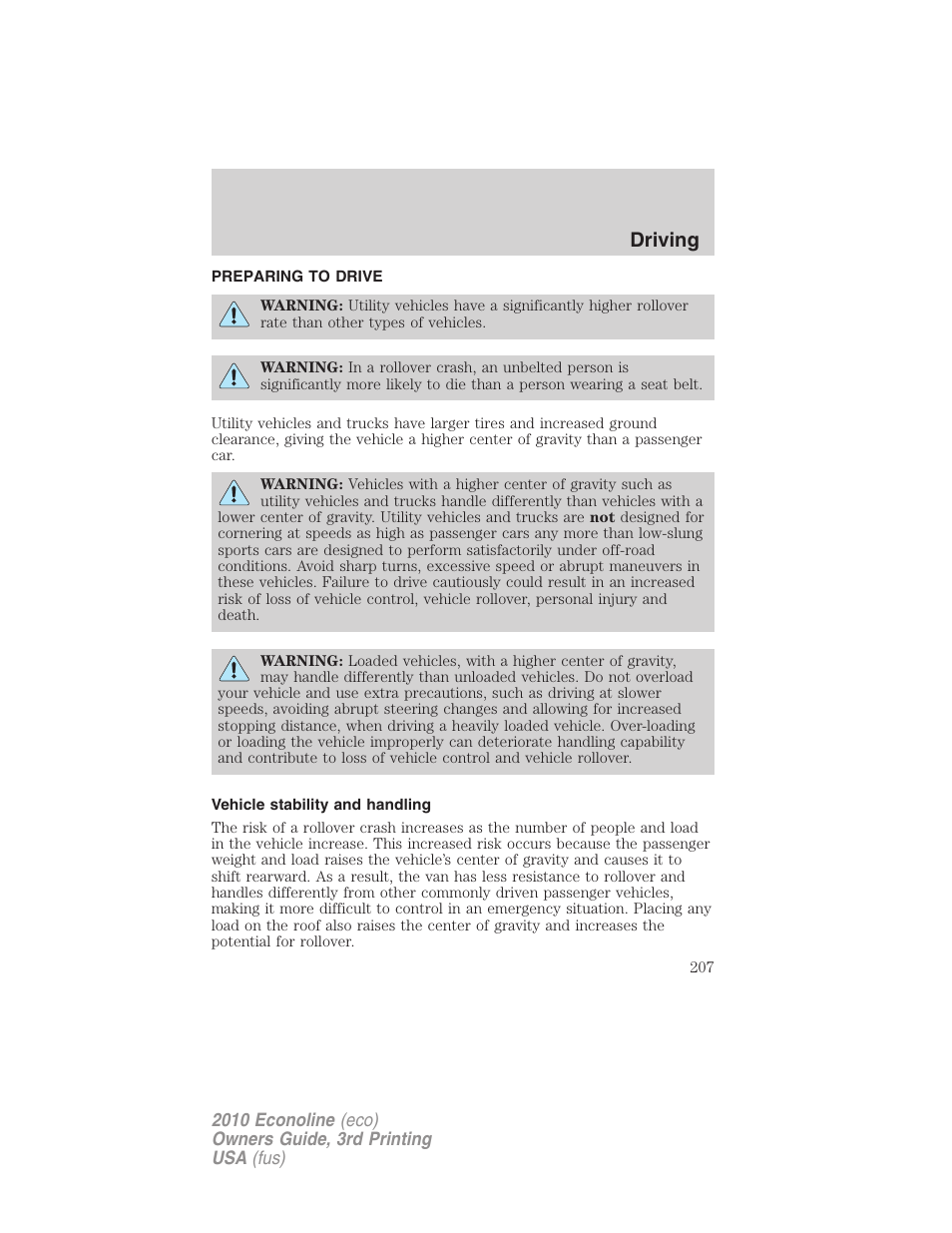 Preparing to drive, Vehicle stability and handling, Driving | FORD 2010 E-450 v.3 User Manual | Page 207 / 327