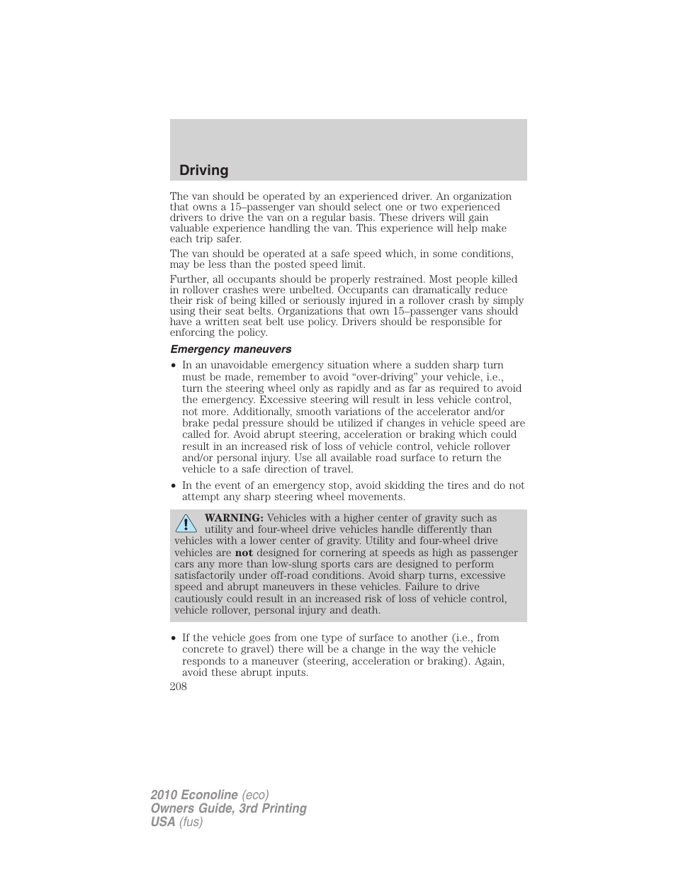 Emergency maneuvers, Driving | FORD 2010 E-450 v.3 User Manual | Page 208 / 327