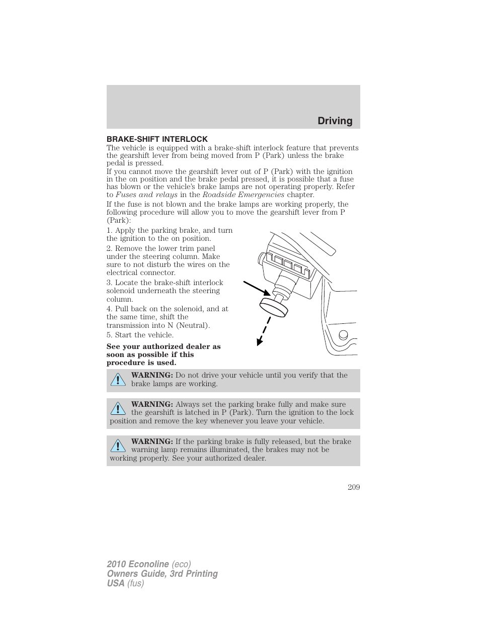 Brake-shift interlock, Driving | FORD 2010 E-450 v.3 User Manual | Page 209 / 327