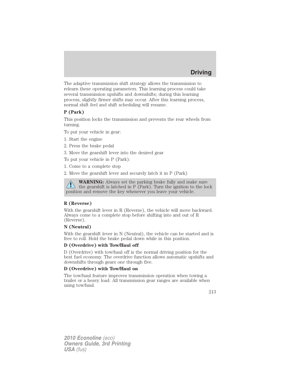 Driving | FORD 2010 E-450 v.3 User Manual | Page 213 / 327