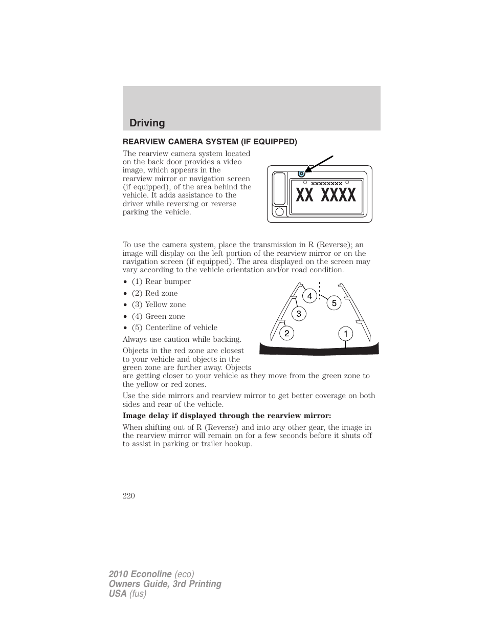 Rearview camera system (if equipped), Rear-view camera system, Driving | FORD 2010 E-450 v.3 User Manual | Page 220 / 327