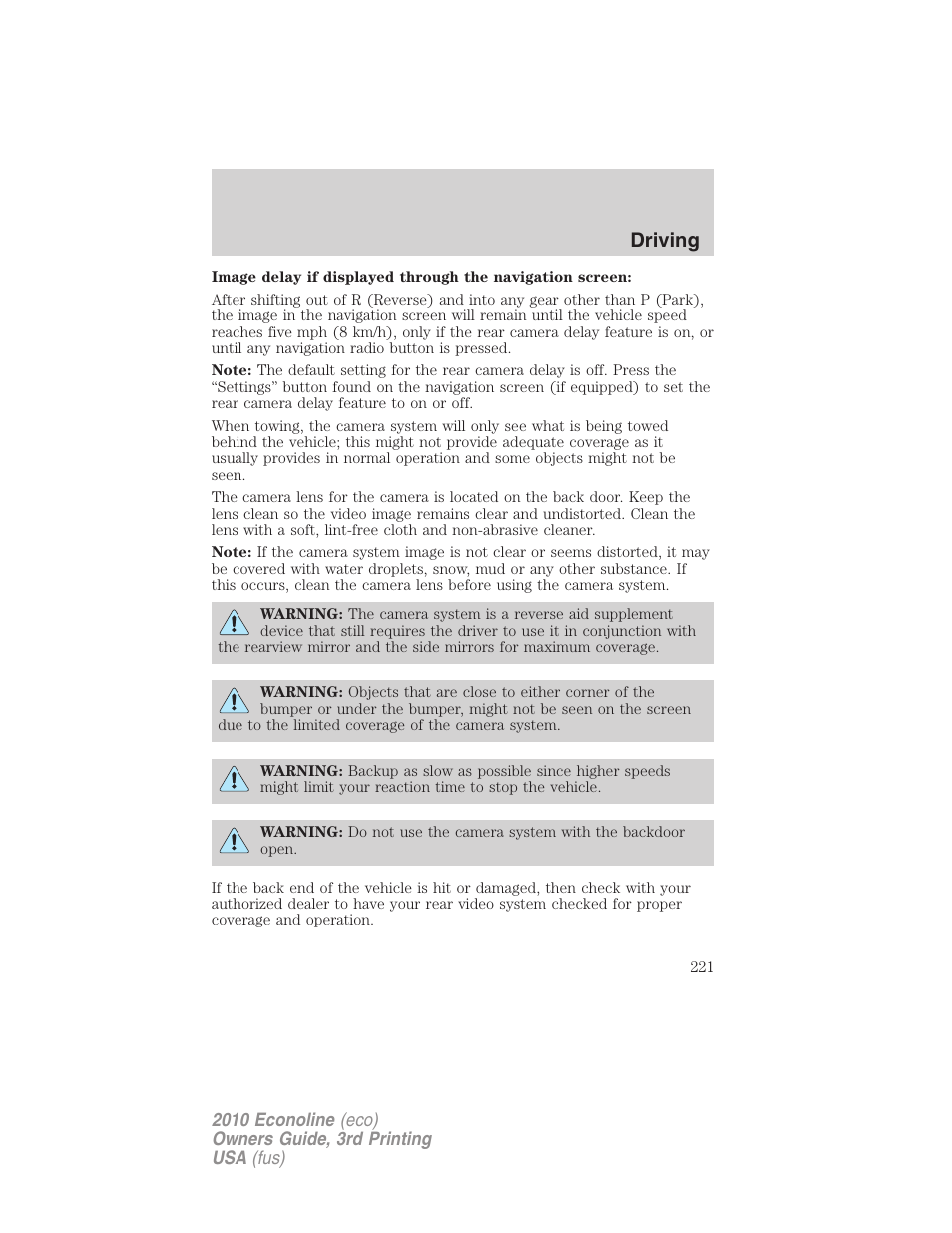 Driving | FORD 2010 E-450 v.3 User Manual | Page 221 / 327