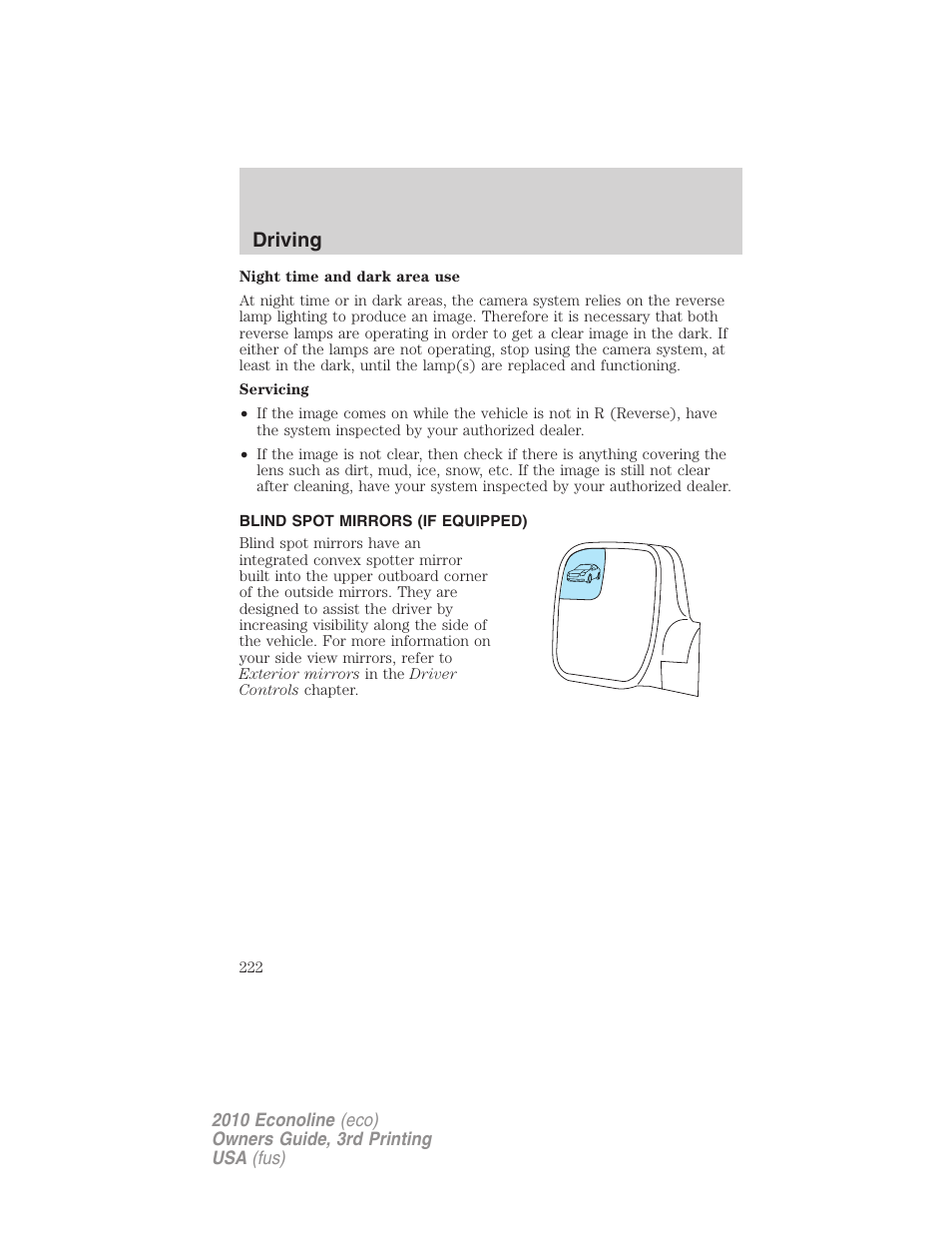 Blind spot mirrors (if equipped), Driving | FORD 2010 E-450 v.3 User Manual | Page 222 / 327