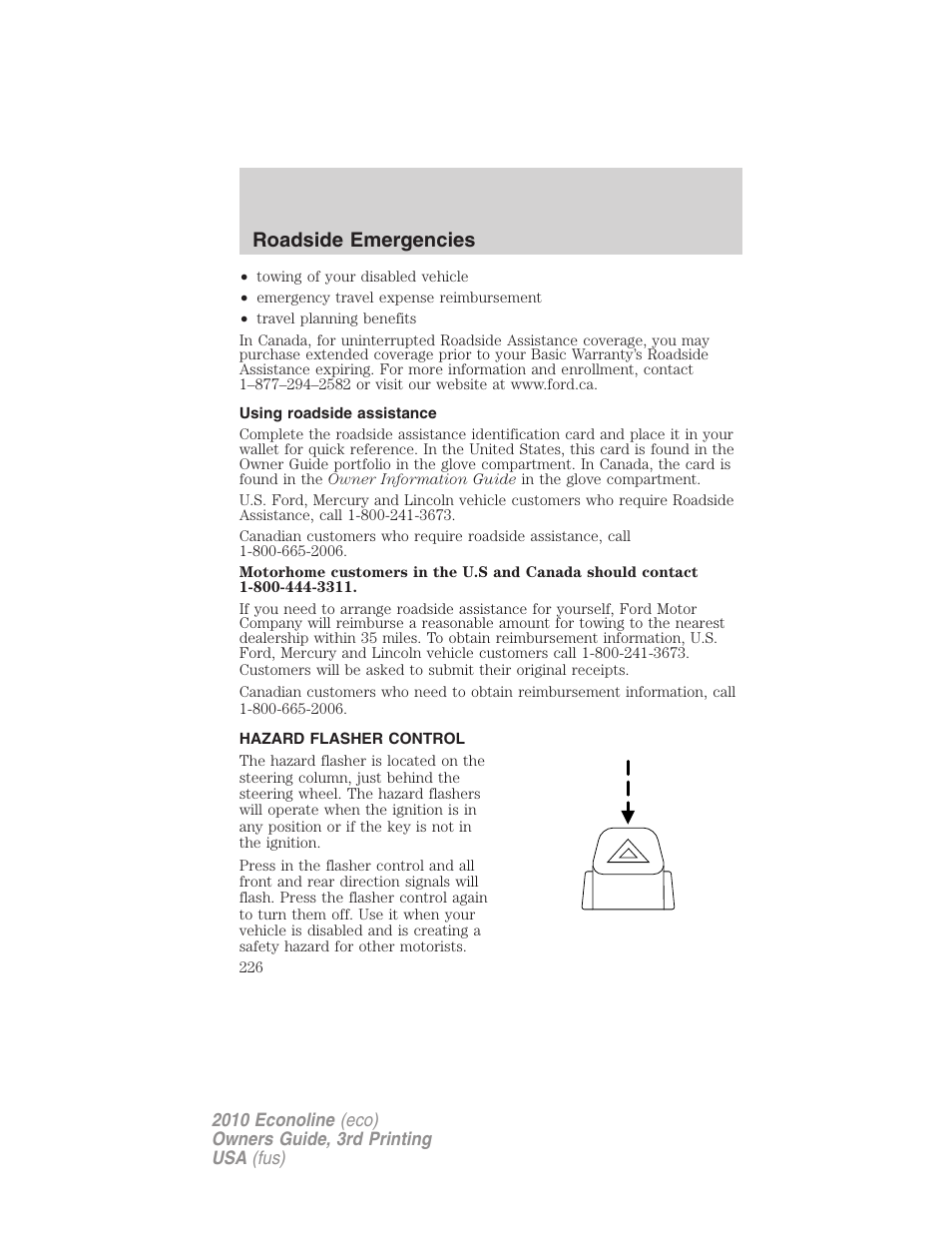 Using roadside assistance, Hazard flasher control, Roadside emergencies | FORD 2010 E-450 v.3 User Manual | Page 226 / 327