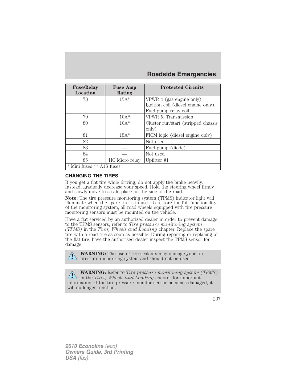 Changing the tires, Changing tires, Roadside emergencies | FORD 2010 E-450 v.3 User Manual | Page 237 / 327