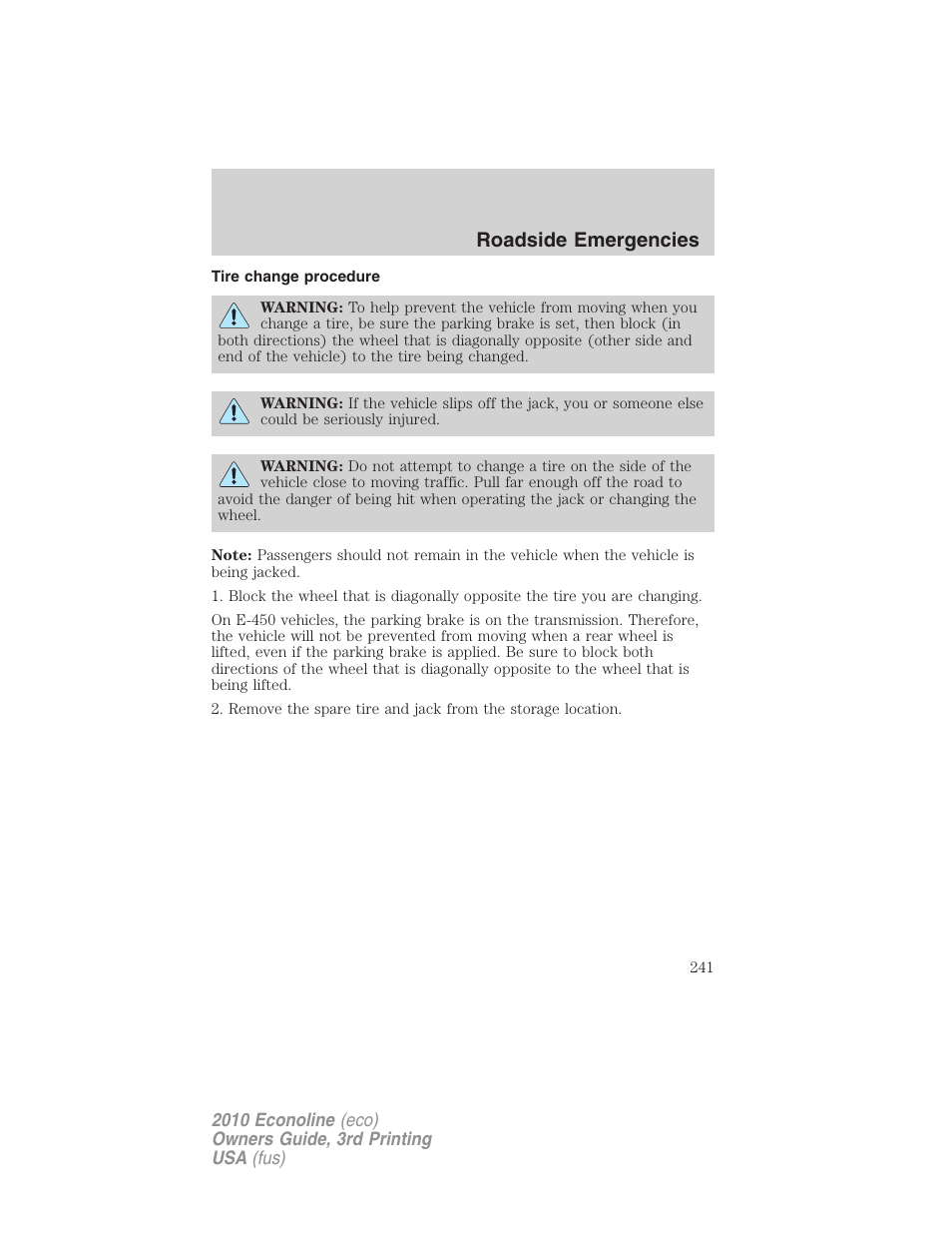 Tire change procedure, Roadside emergencies | FORD 2010 E-450 v.3 User Manual | Page 241 / 327