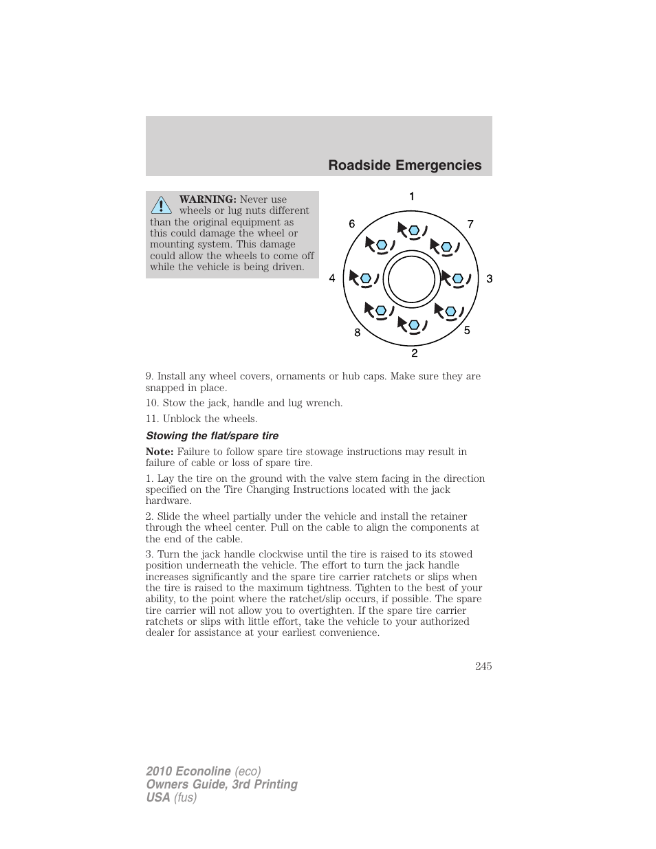 Stowing the flat/spare tire, Roadside emergencies | FORD 2010 E-450 v.3 User Manual | Page 245 / 327