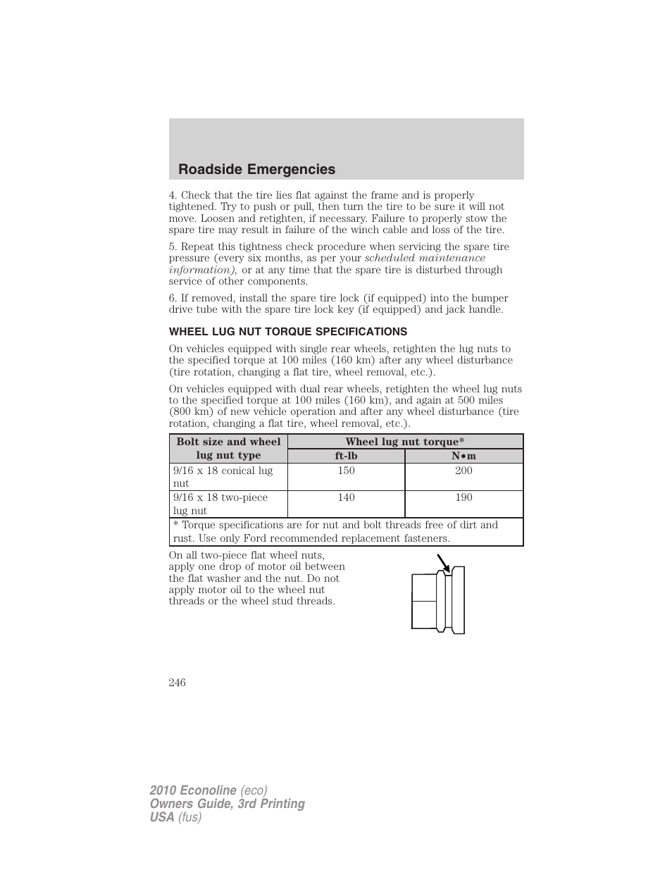 Wheel lug nut torque specifications, Wheel lug nut torque, Roadside emergencies | FORD 2010 E-450 v.3 User Manual | Page 246 / 327