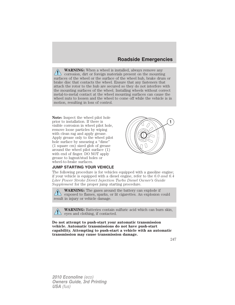 Jump starting your vehicle, Jump starting, Roadside emergencies | FORD 2010 E-450 v.3 User Manual | Page 247 / 327