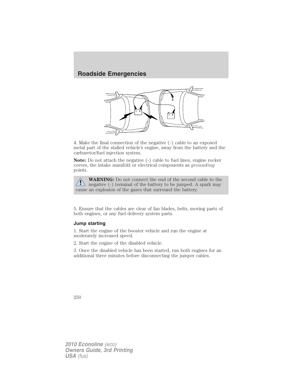 Jump starting, Roadside emergencies | FORD 2010 E-450 v.3 User Manual | Page 250 / 327
