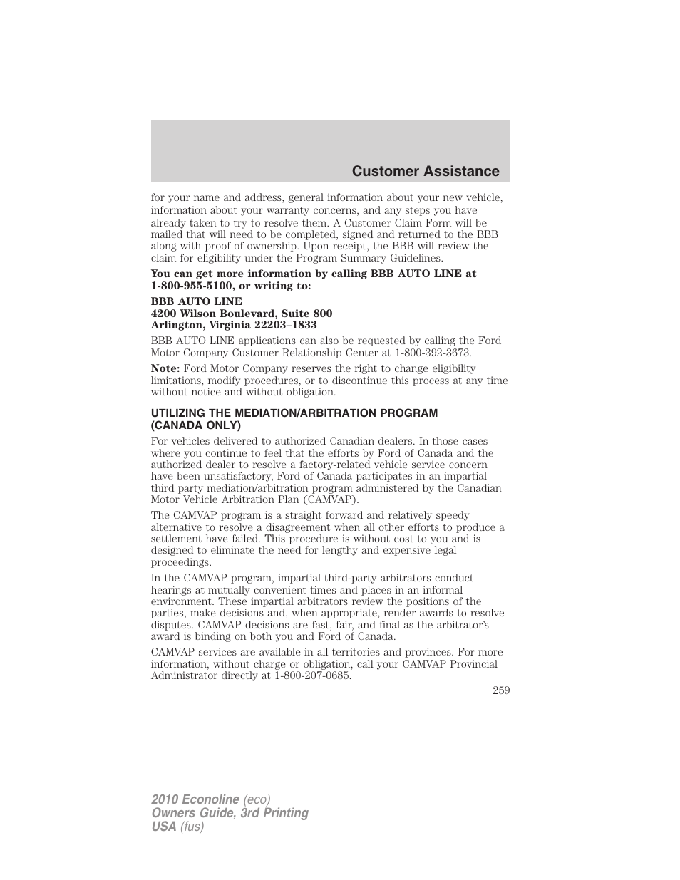 Customer assistance | FORD 2010 E-450 v.3 User Manual | Page 259 / 327