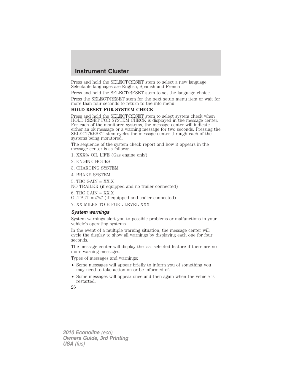 System warnings, Instrument cluster | FORD 2010 E-450 v.3 User Manual | Page 26 / 327