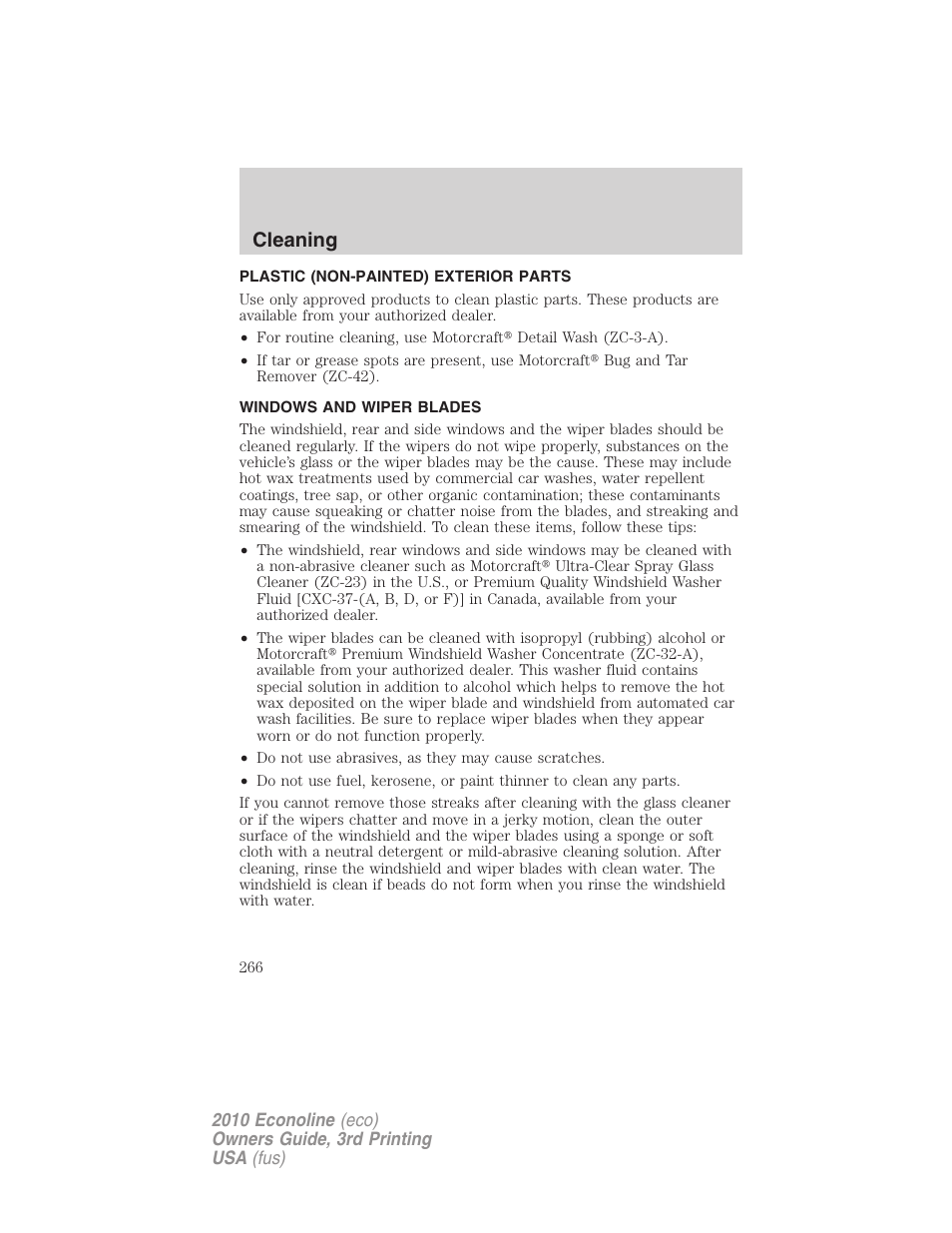 Plastic (non-painted) exterior parts, Windows and wiper blades, Cleaning | FORD 2010 E-450 v.3 User Manual | Page 266 / 327