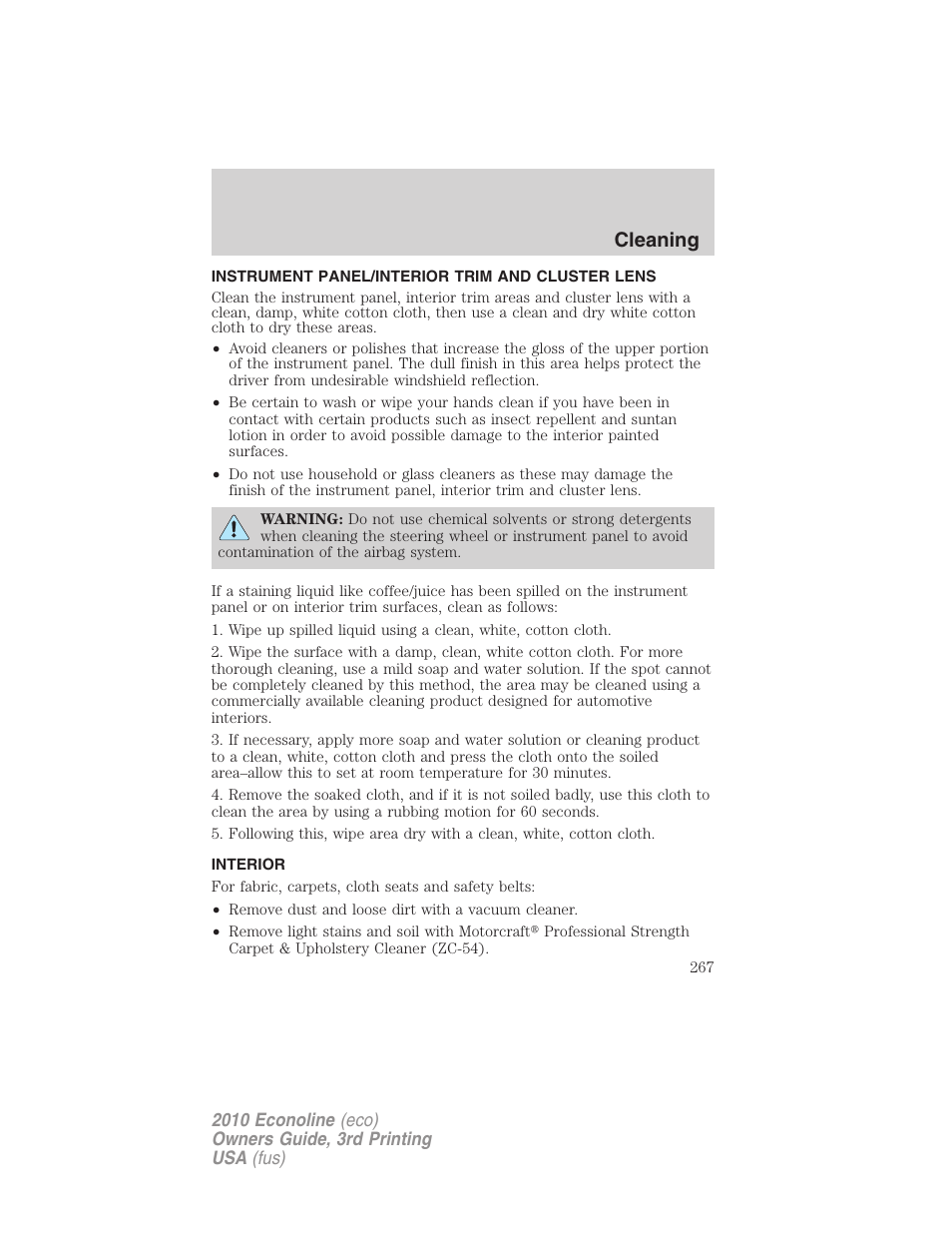 Instrument panel/interior trim and cluster lens, Interior, Cleaning | FORD 2010 E-450 v.3 User Manual | Page 267 / 327