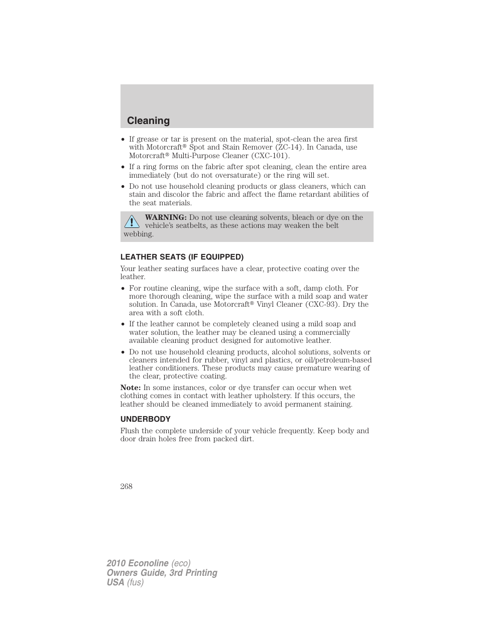 Leather seats (if equipped), Underbody, Underbody preservation | Cleaning | FORD 2010 E-450 v.3 User Manual | Page 268 / 327