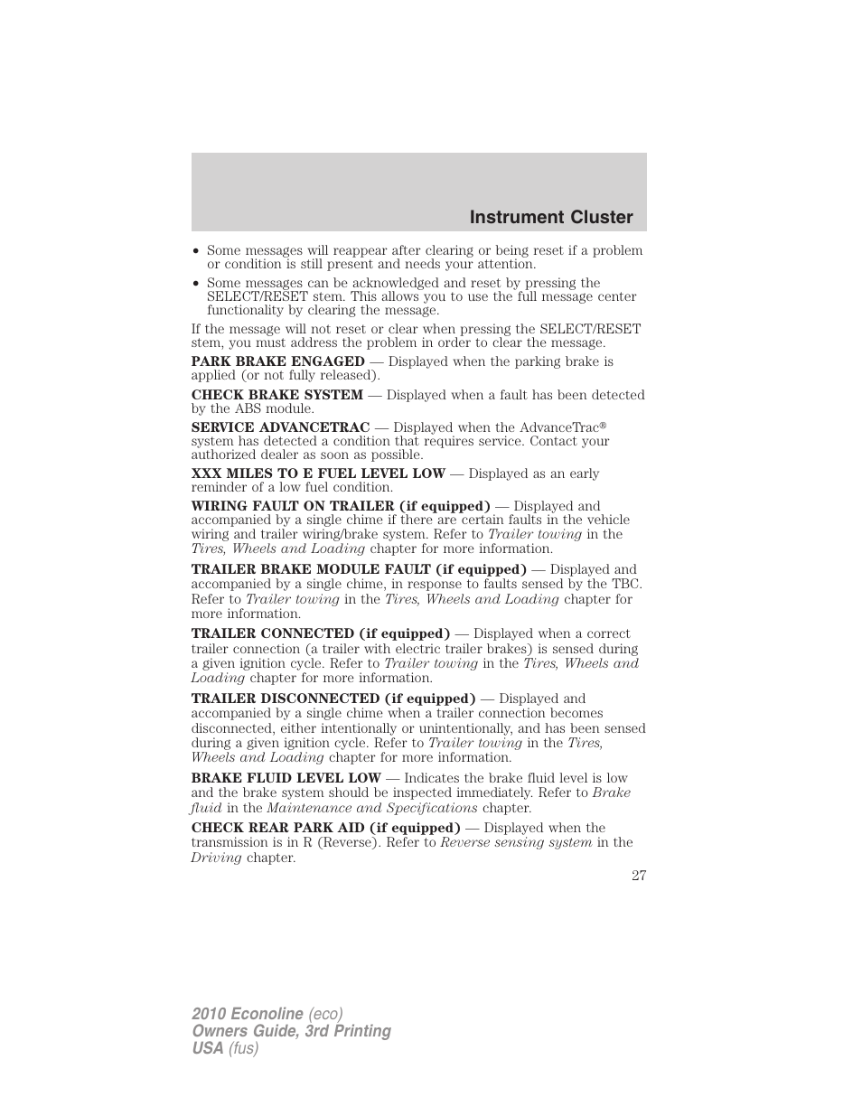 Instrument cluster | FORD 2010 E-450 v.3 User Manual | Page 27 / 327