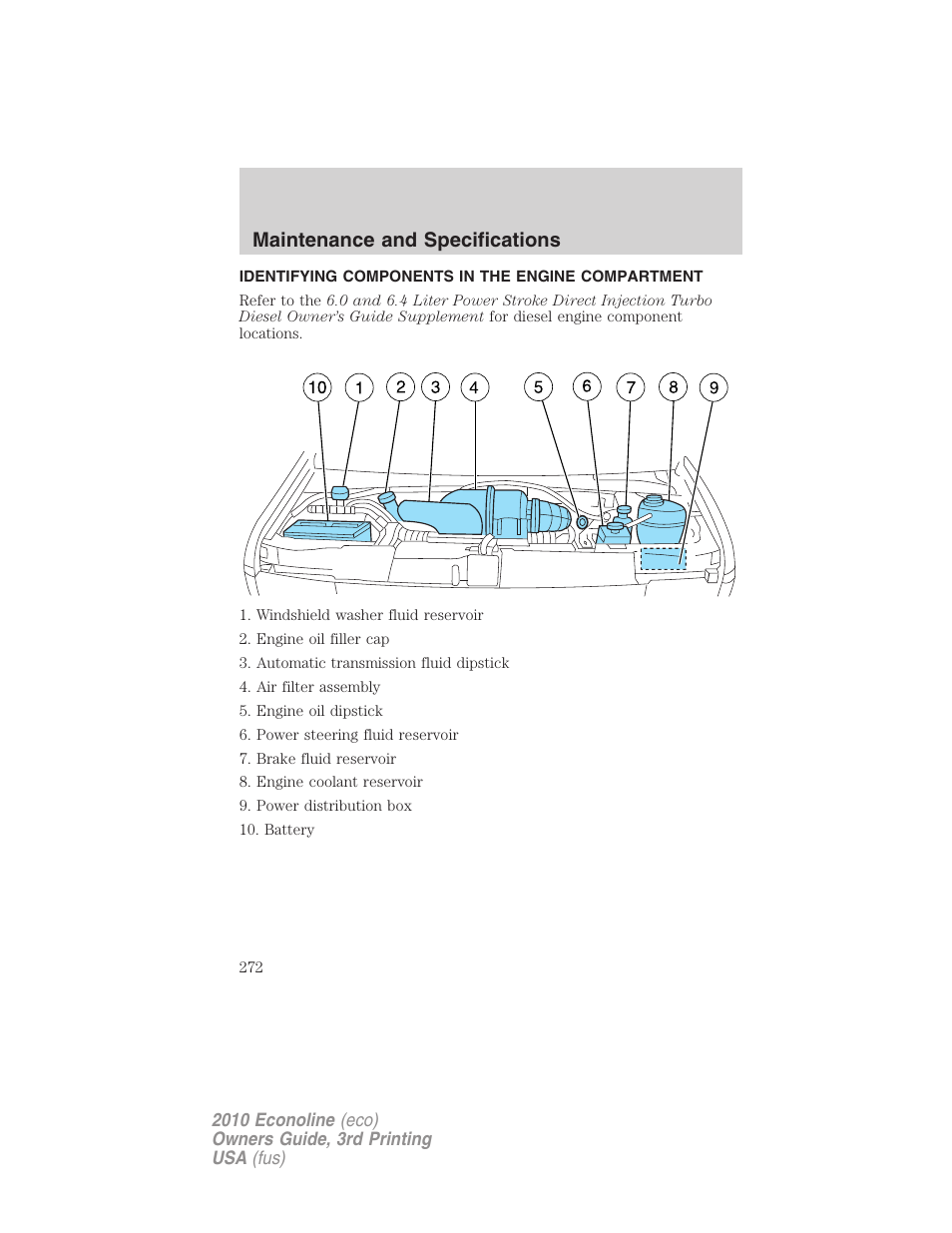 Identifying components in the engine compartment, Engine compartment, Maintenance and specifications | FORD 2010 E-450 v.3 User Manual | Page 272 / 327