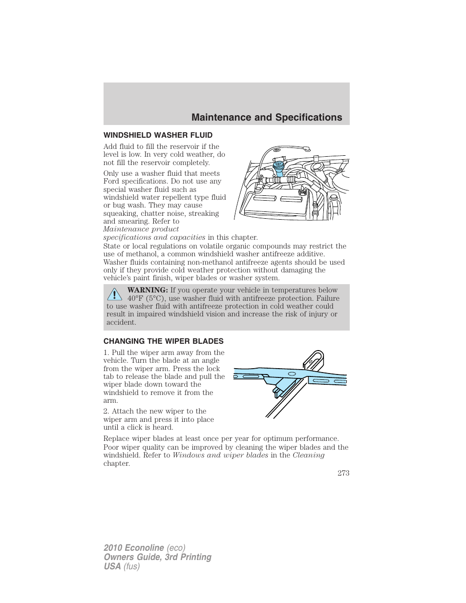 Windshield washer fluid, Changing the wiper blades, Maintenance and specifications | FORD 2010 E-450 v.3 User Manual | Page 273 / 327