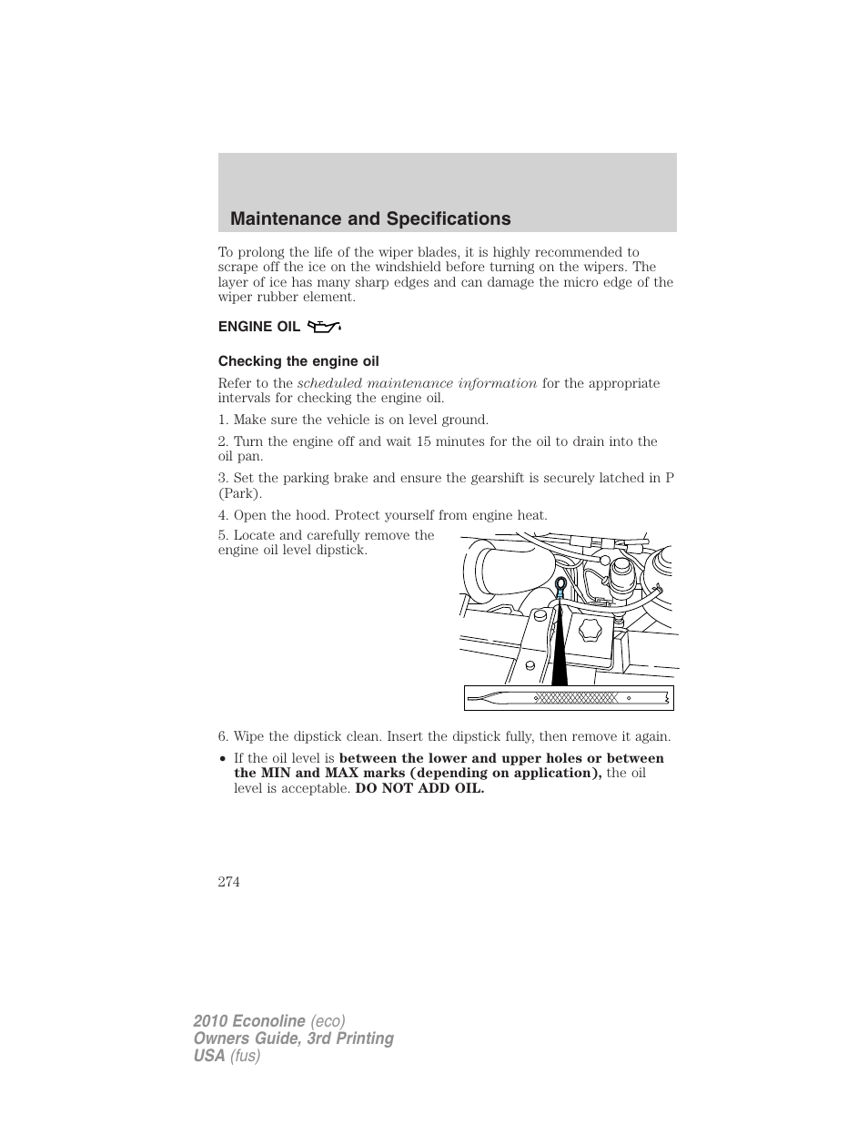 Engine oil, Checking the engine oil, Maintenance and specifications | FORD 2010 E-450 v.3 User Manual | Page 274 / 327