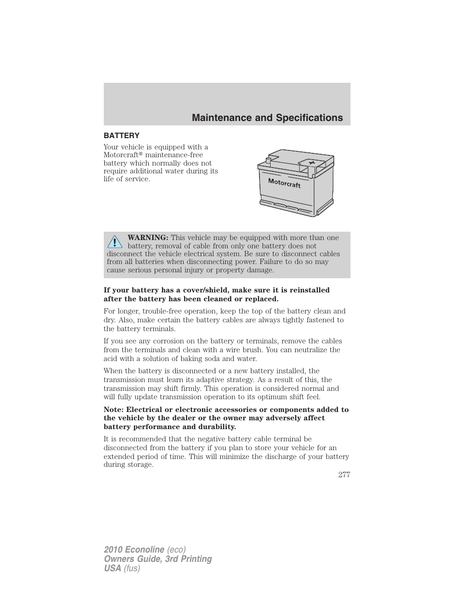 Battery, Maintenance and specifications | FORD 2010 E-450 v.3 User Manual | Page 277 / 327