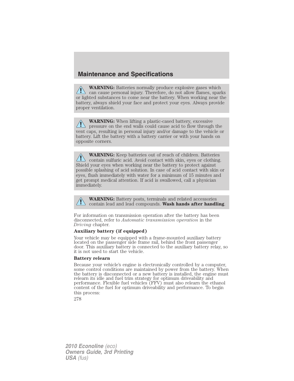 Maintenance and specifications | FORD 2010 E-450 v.3 User Manual | Page 278 / 327