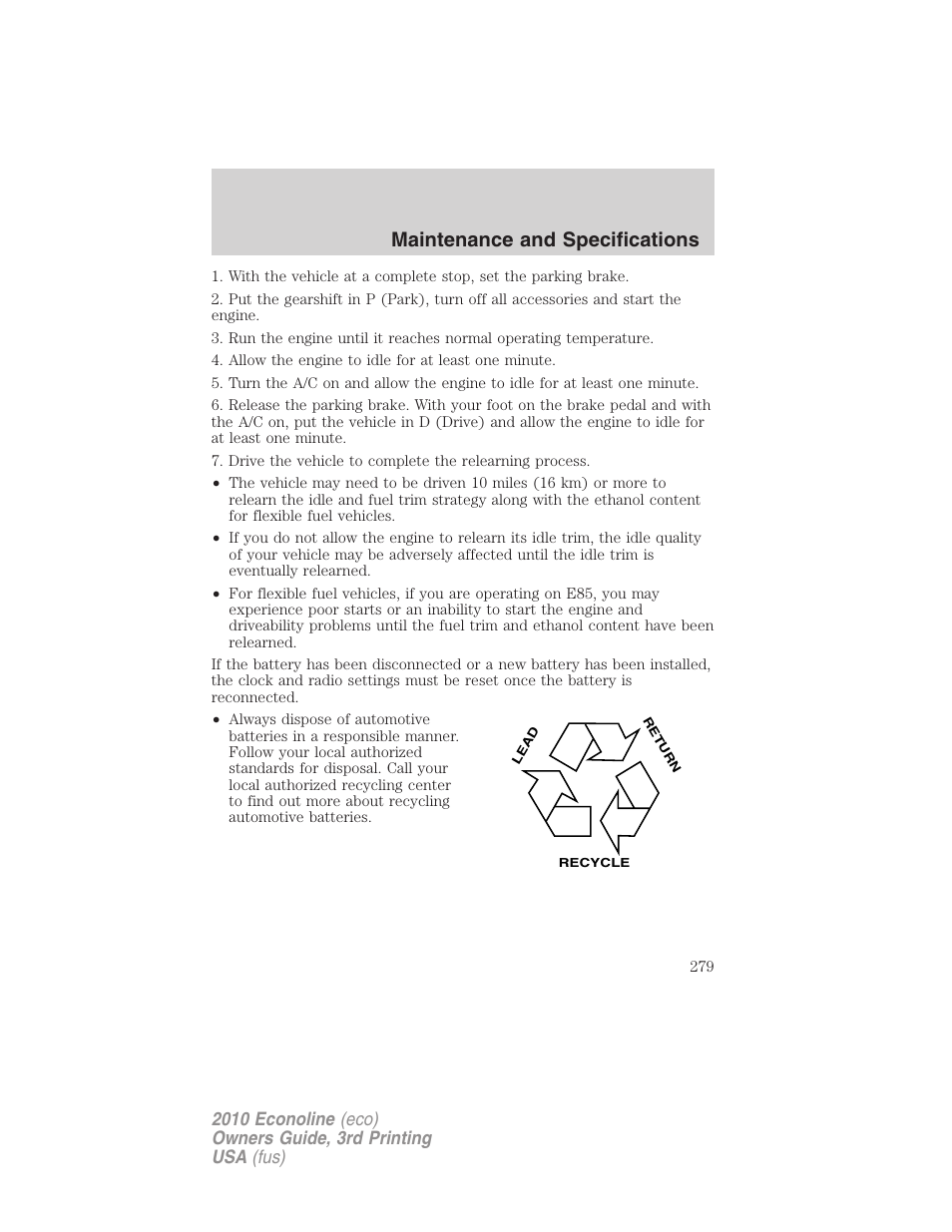 Maintenance and specifications | FORD 2010 E-450 v.3 User Manual | Page 279 / 327