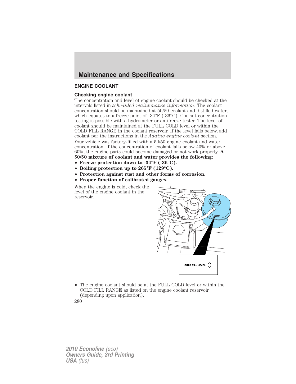 Engine coolant, Checking engine coolant, Maintenance and specifications | FORD 2010 E-450 v.3 User Manual | Page 280 / 327