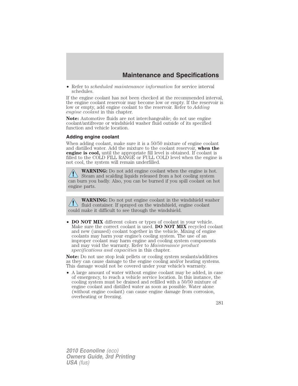 Adding engine coolant, Maintenance and specifications | FORD 2010 E-450 v.3 User Manual | Page 281 / 327