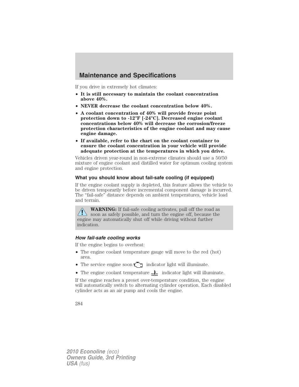 How fail-safe cooling works, Maintenance and specifications | FORD 2010 E-450 v.3 User Manual | Page 284 / 327