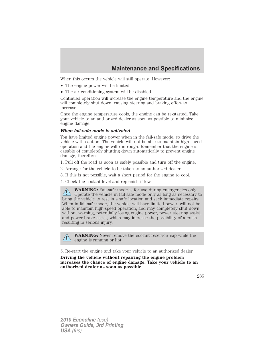 When fail-safe mode is activated, Maintenance and specifications | FORD 2010 E-450 v.3 User Manual | Page 285 / 327