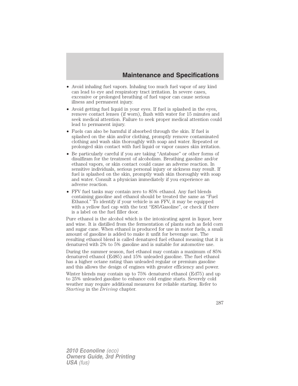 Maintenance and specifications | FORD 2010 E-450 v.3 User Manual | Page 287 / 327