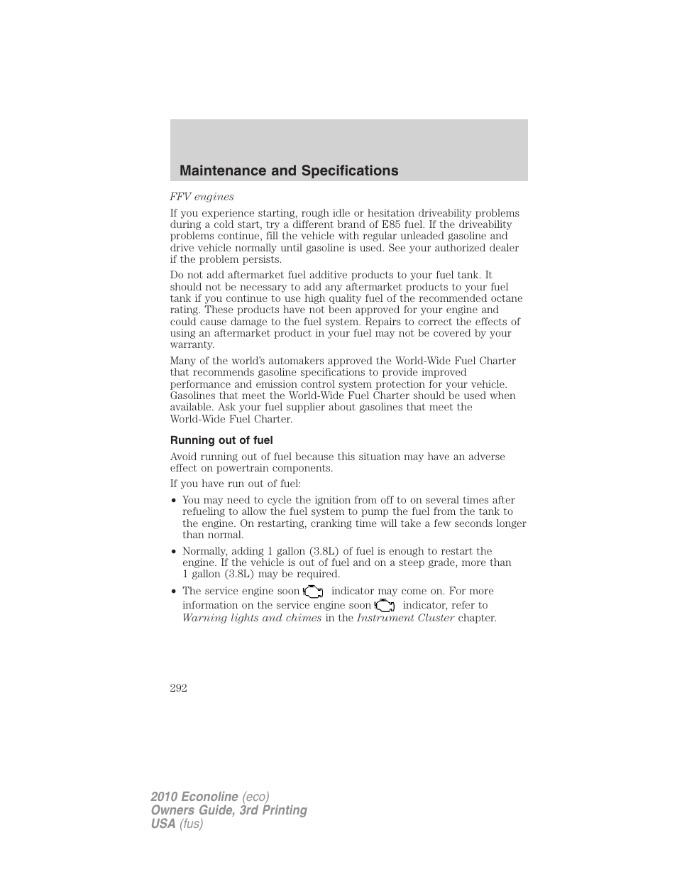 Running out of fuel, Maintenance and specifications | FORD 2010 E-450 v.3 User Manual | Page 292 / 327