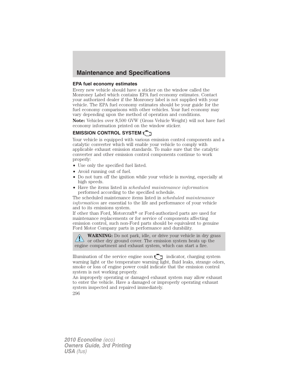 Epa fuel economy estimates, Emission control system, Maintenance and specifications | FORD 2010 E-450 v.3 User Manual | Page 296 / 327