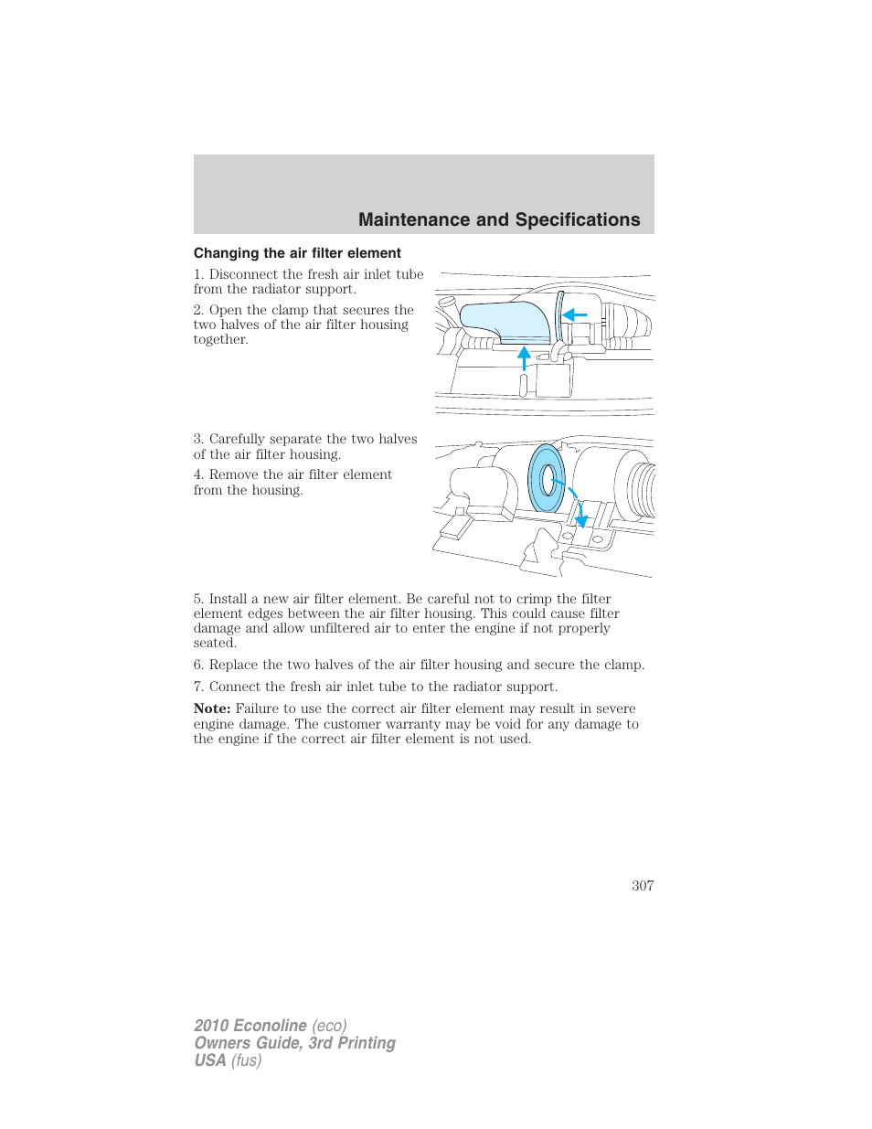 Changing the air filter element, Maintenance and specifications | FORD 2010 E-450 v.3 User Manual | Page 307 / 327