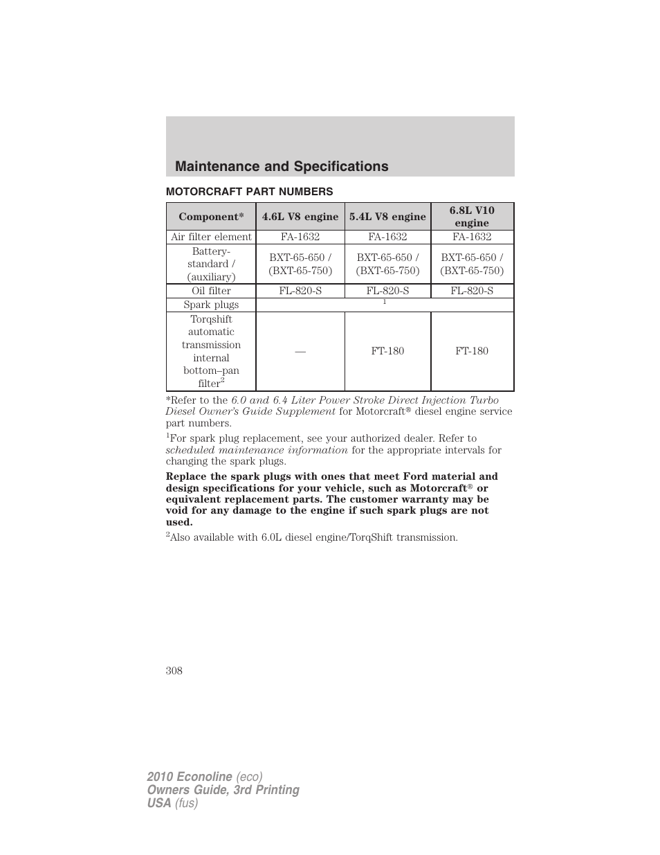 Motorcraft part numbers, Part numbers, Maintenance and specifications | FORD 2010 E-450 v.3 User Manual | Page 308 / 327