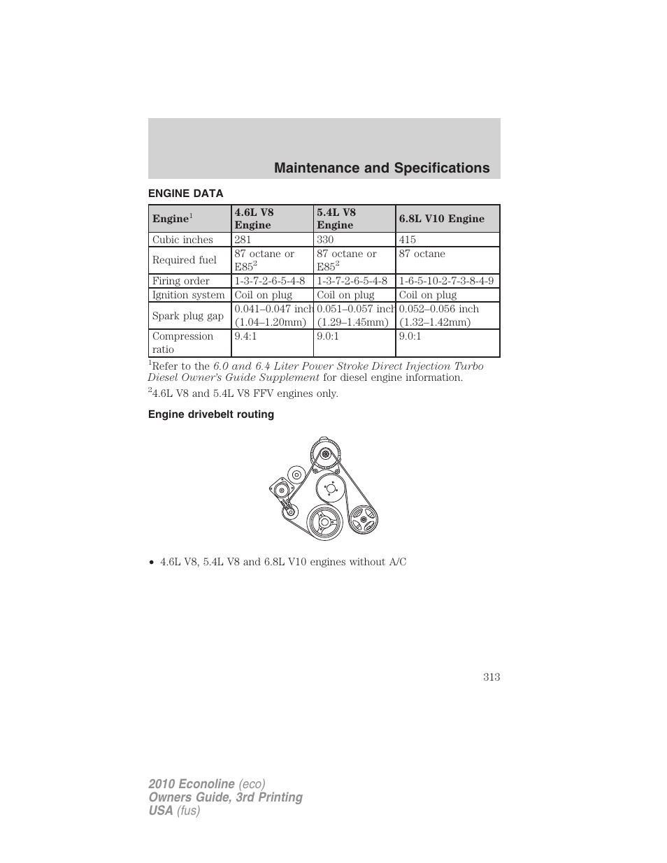 Engine data, Engine drivebelt routing, Maintenance and specifications | FORD 2010 E-450 v.3 User Manual | Page 313 / 327