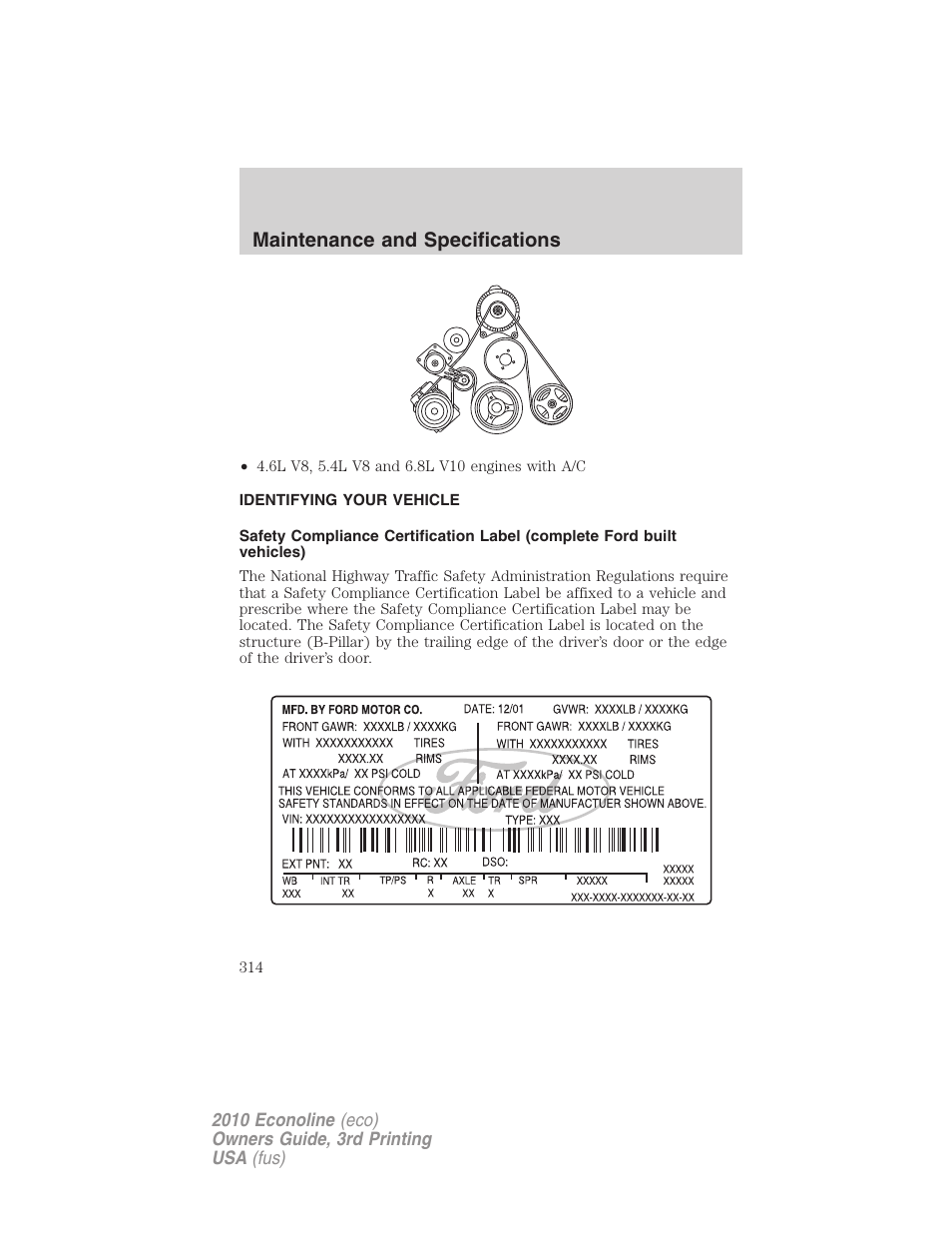 Identifying your vehicle, Maintenance and specifications | FORD 2010 E-450 v.3 User Manual | Page 314 / 327