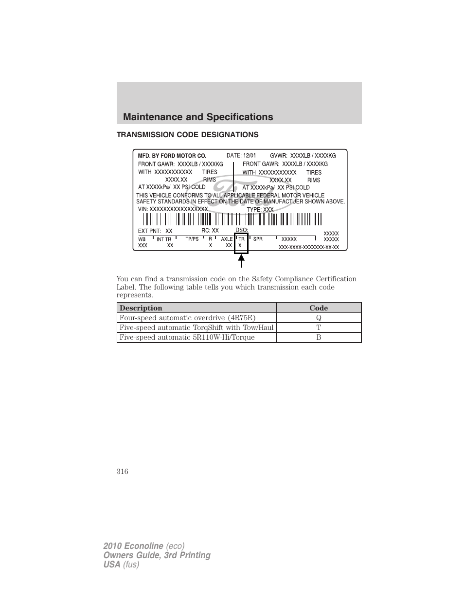 Transmission code designations, Maintenance and specifications | FORD 2010 E-450 v.3 User Manual | Page 316 / 327