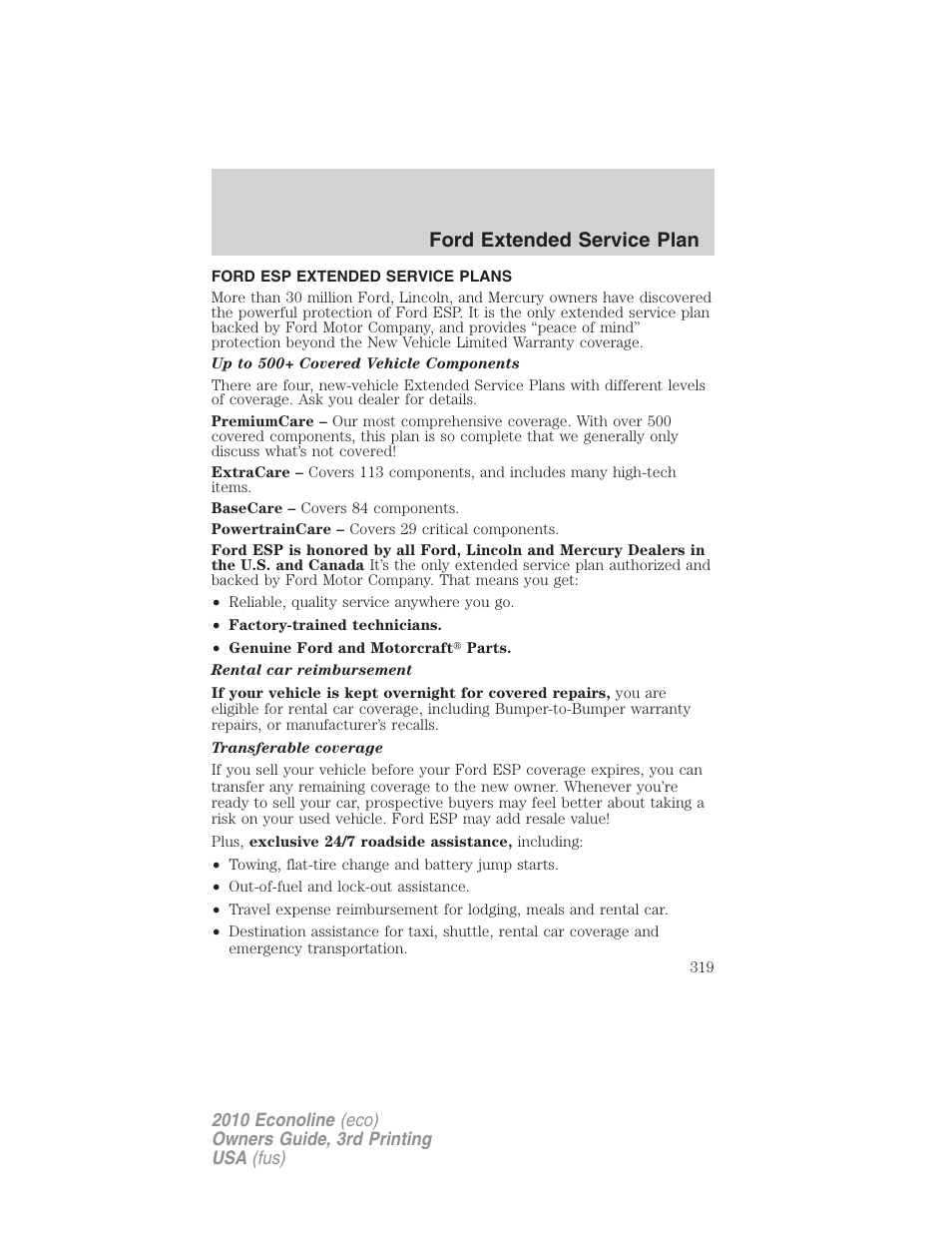 Ford extended service plan, Ford esp extended service plans | FORD 2010 E-450 v.3 User Manual | Page 319 / 327