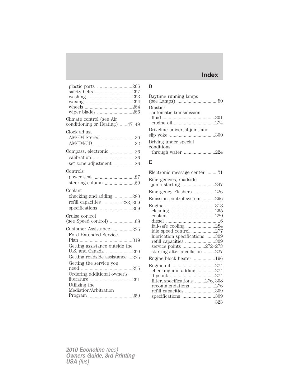 Index | FORD 2010 E-450 v.3 User Manual | Page 323 / 327