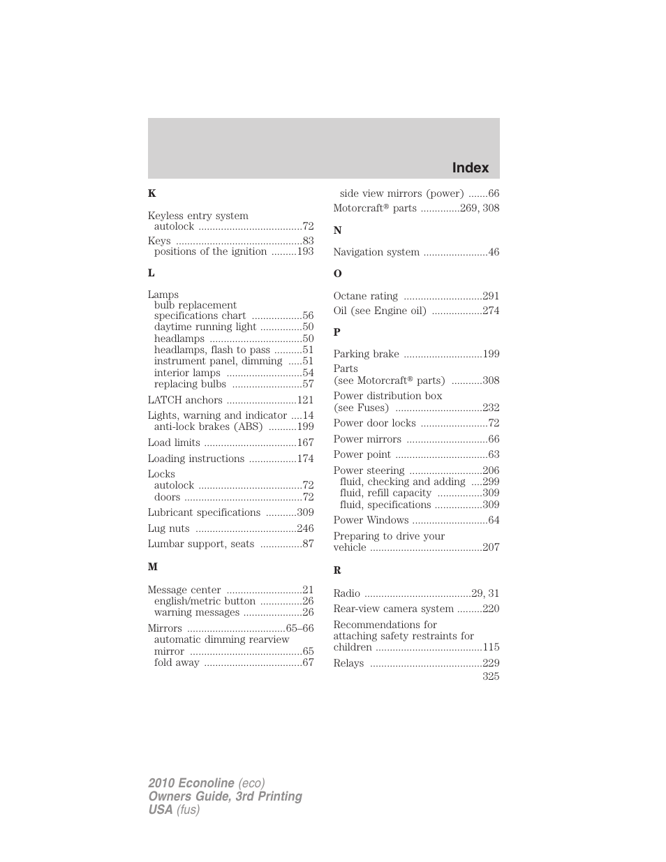 Index | FORD 2010 E-450 v.3 User Manual | Page 325 / 327