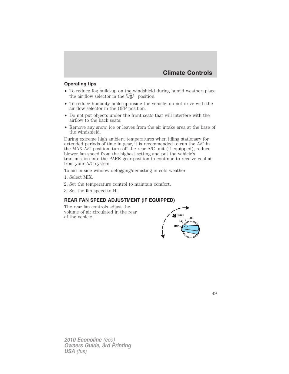 Operating tips, Rear fan speed adjustment (if equipped), Climate controls | FORD 2010 E-450 v.3 User Manual | Page 49 / 327