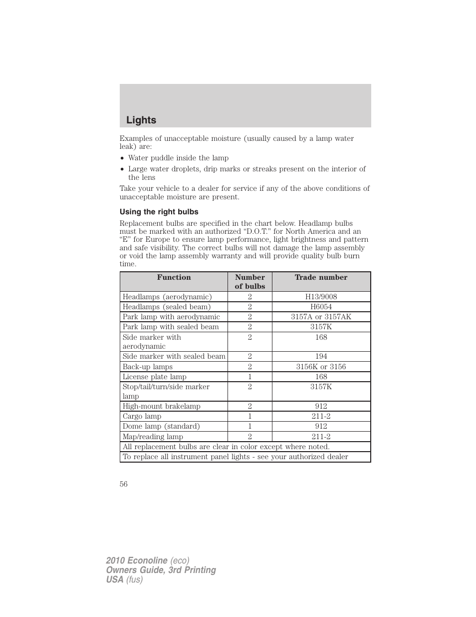 Using the right bulbs, Lights | FORD 2010 E-450 v.3 User Manual | Page 56 / 327