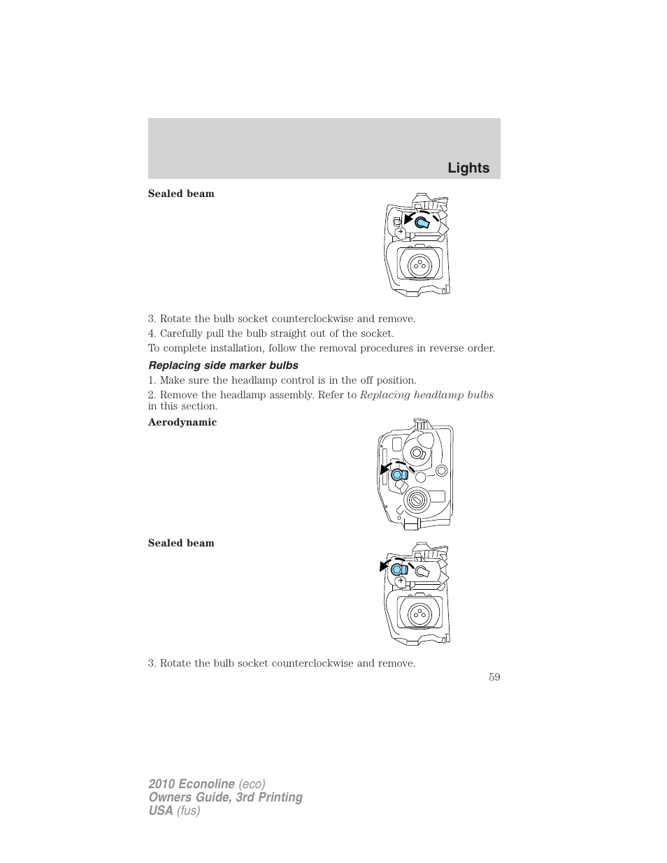 Replacing side marker bulbs, Lights | FORD 2010 E-450 v.3 User Manual | Page 59 / 327