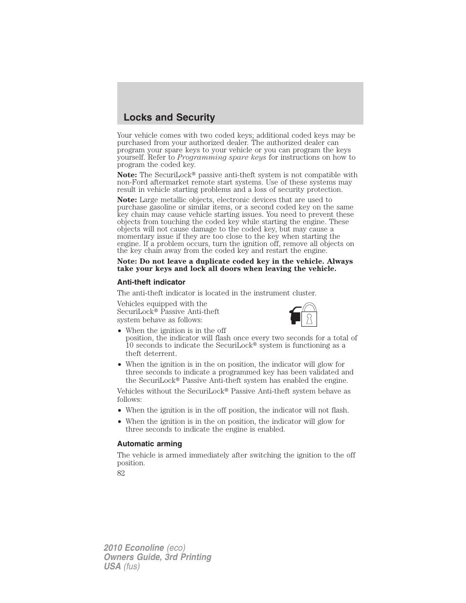 Anti-theft indicator, Automatic arming, Locks and security | FORD 2010 E-450 v.3 User Manual | Page 82 / 327