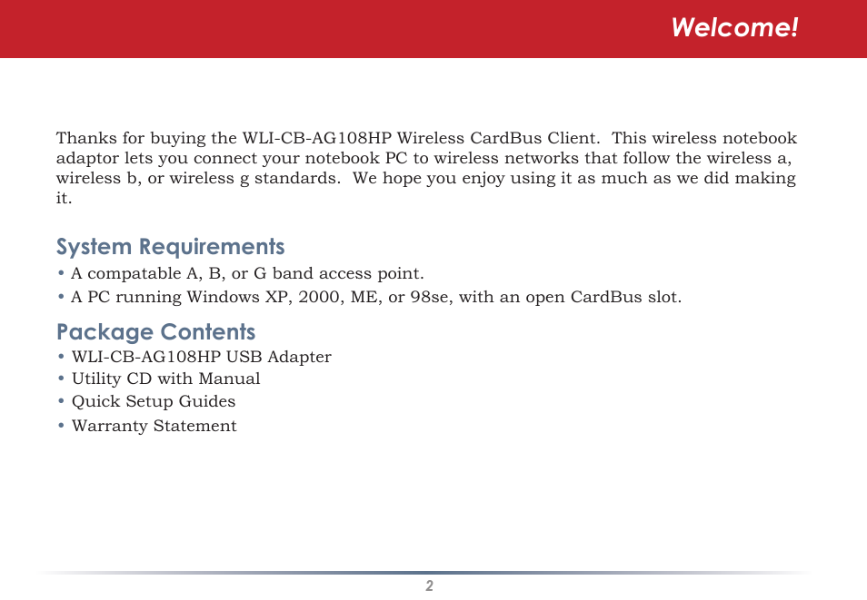 Welcome, System requirements, Package contents | Buffalo Technology WLI-CB-AG108HP User Manual | Page 2 / 43